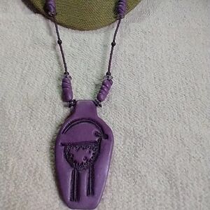 Purple clay tribal bird necklace beaded